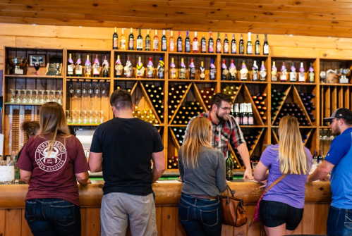 A group of people at a wooden bar with a variety of bottles displayed on shelves behind them.
