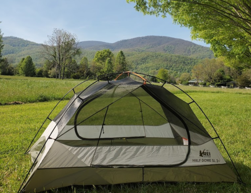 A tent set up in a grassy field with mountains and trees in the background under a clear blue sky.