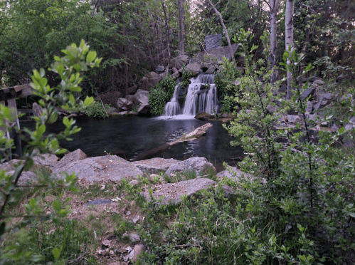 A serene scene of a small waterfall cascading into a tranquil pond, surrounded by lush greenery and rocks.