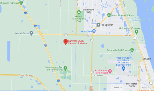 Map showing the location of Summer Crush Vineyard & Winery near Fort Pierce, Florida, with nearby parks and golf clubs.