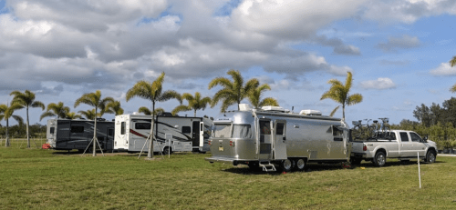 A silver Airstream trailer parked in a grassy area with palm trees, alongside two larger RVs and a pickup truck.