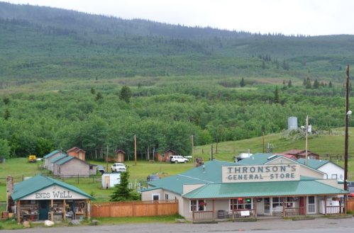 A general store with a green roof, surrounded by cabins and trees, set against a mountainous backdrop.
