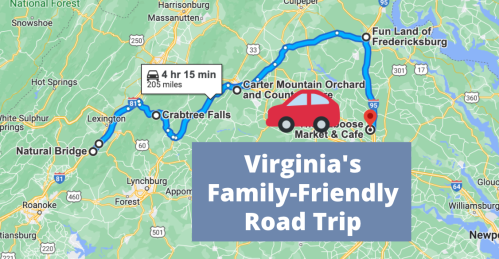 Map highlighting a family-friendly road trip in Virginia, featuring key stops and a route from Crabtree Falls to Fredericksburg.