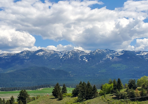 A scenic view of snow-capped mountains under a blue sky with fluffy clouds, surrounded by green fields and trees.