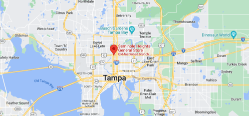 Map of Tampa, Florida, highlighting Seminole Heights General Store and nearby landmarks and roads.