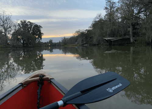 A kayak paddle rests in a red kayak on calm water, reflecting trees and a soft sunset in the background.