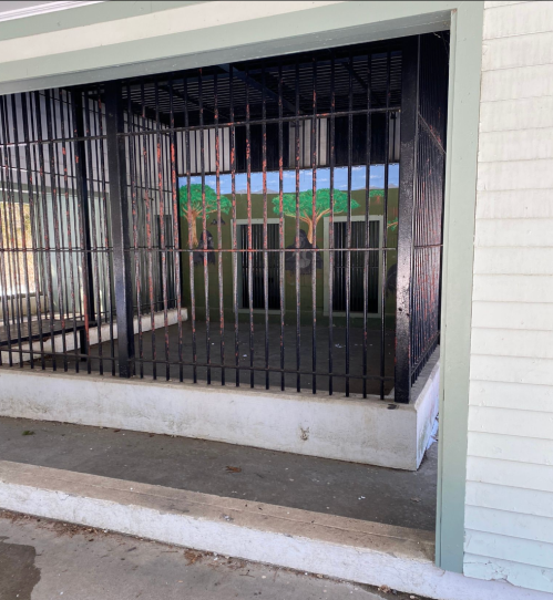 A barred enclosure with a painted mural of trees on the back wall, set against a light-colored building.