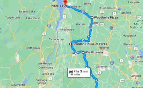 Map showing a route from Pizza 44 in Williston to various pizzerias, totaling 196 miles and 4 hours 3 minutes.
