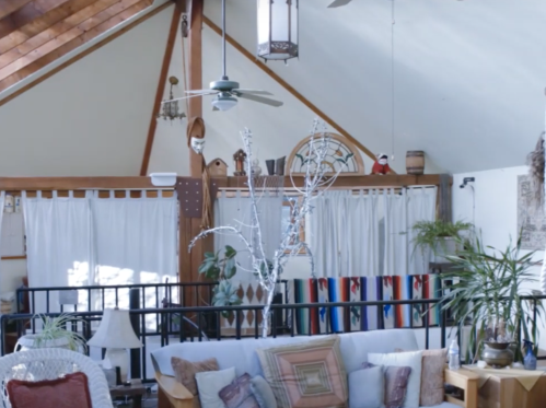Cozy interior of a rustic living space with wooden beams, plants, and decorative elements.
