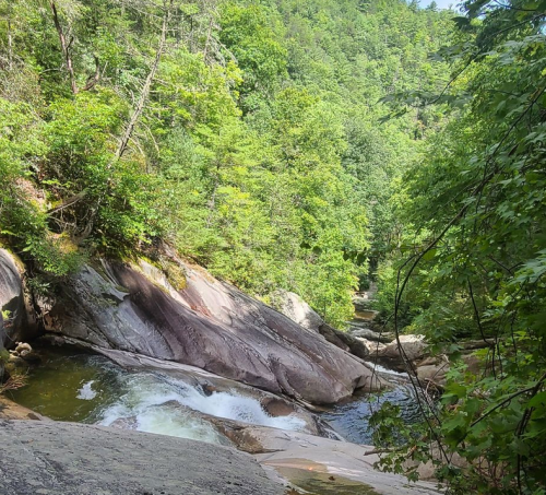 A serene river flows over smooth rocks, surrounded by lush green trees and a hilly landscape.