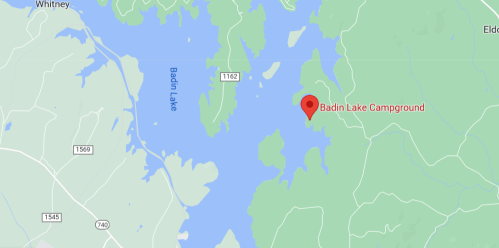 Map showing Badin Lake and the location of Badin Lake Campground marked with a red pin.