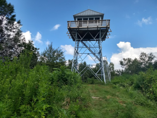 A tall observation tower stands on a grassy hill, surrounded by trees and under a blue sky with clouds.