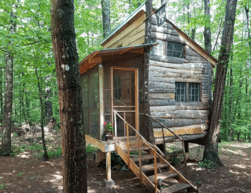 A rustic wooden cabin in a forest, featuring a porch and stairs, surrounded by lush green trees.