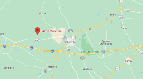 Map showing the location of the Button Museum near Bishopville, South Carolina, with nearby roads and landmarks.