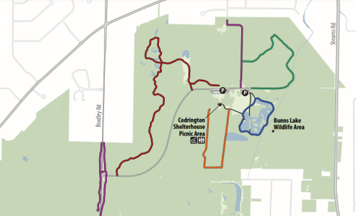 Map of Bunns Lake Wildlife Area showing trails and picnic areas, with marked paths in various colors.