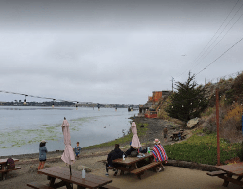 A waterfront scene with picnic tables, people enjoying the view, and a cloudy sky over a calm river.