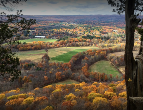 A scenic view of rolling hills and fields, showcasing vibrant autumn foliage in shades of orange and yellow.