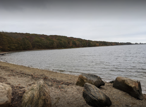 A tranquil shoreline with rocky foreground, calm water, and trees in autumn colors under a cloudy sky.