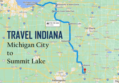 Map showing the route from Michigan City to Summit Lake, Indiana, highlighting key locations and travel time.