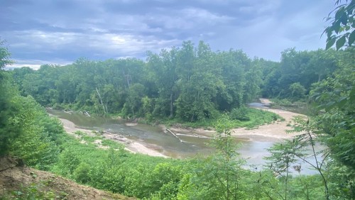 A serene river winding through lush green trees under a cloudy sky.