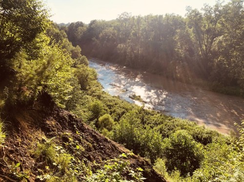 A serene river flows through a lush green landscape, surrounded by trees and sunlight filtering through the foliage.