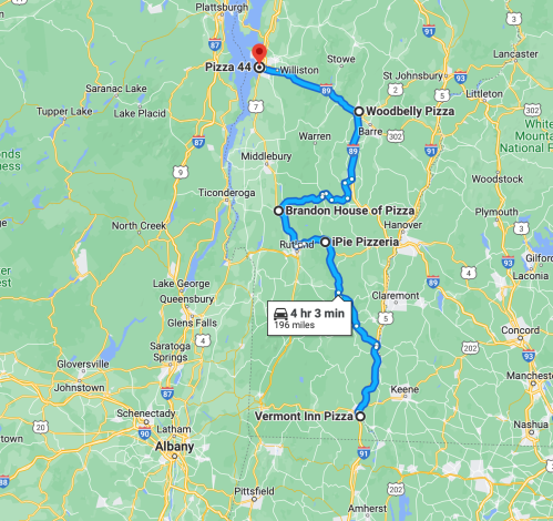 Map showing a route from Pizza 44 in Williston to various pizza locations, totaling 196 miles and 4 hours 3 minutes.