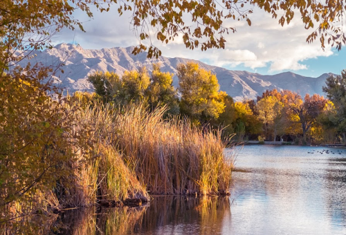A serene lake surrounded by autumn foliage and mountains under a partly cloudy sky.