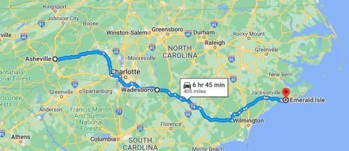 Map showing a route from Asheville to Emerald Isle, North Carolina, covering 405 miles in approximately 6 hours and 45 minutes.