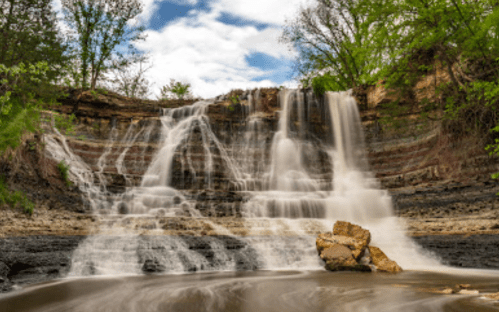 A serene waterfall cascades over rocky cliffs, surrounded by lush greenery and a cloudy blue sky.
