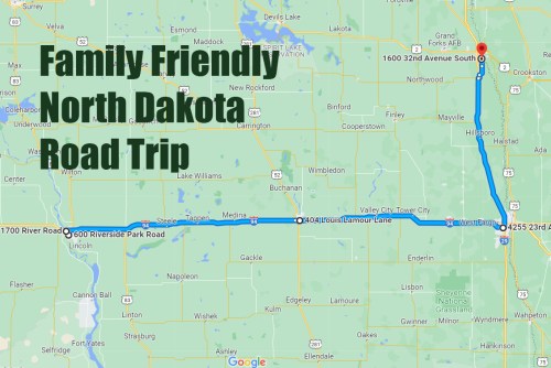 Map showing a family-friendly road trip route in North Dakota, highlighting key locations and roads.