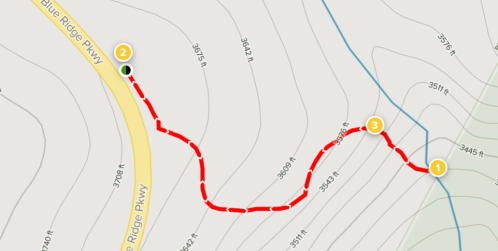 Map showing a hiking trail with elevation markers, winding from Blue Ridge Parkway to a higher elevation point.