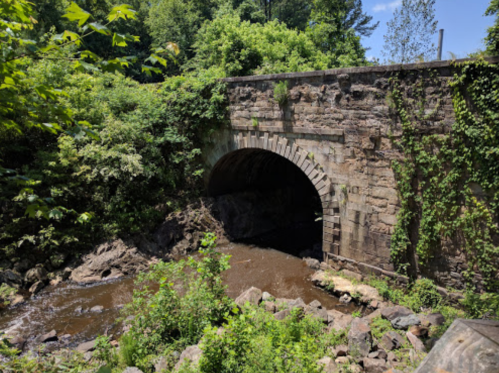 A stone arch bridge over a small stream, surrounded by lush greenery and rocky banks.