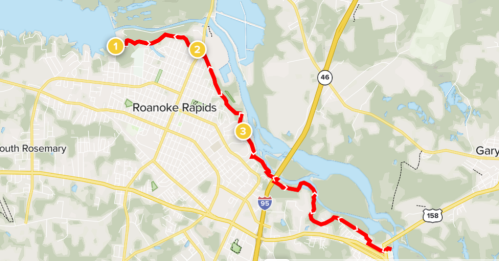 Map showing a red route through Roanoke Rapids, North Carolina, with key points marked along the path.