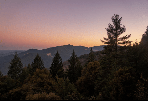 A serene mountain landscape at dusk, featuring silhouetted trees against a gradient sky.