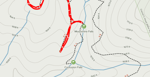 Map showing contour lines and trails near Moonshine Falls and Confusion Falls, with elevation markings and paths highlighted.
