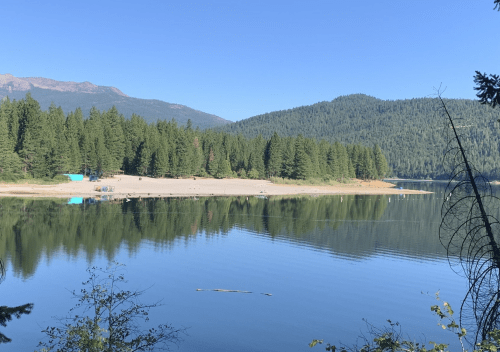 A serene lake surrounded by lush green trees and mountains, reflecting the clear blue sky.