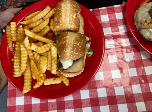 A red plate with two sesame seed buns filled with meat and toppings, accompanied by crinkle-cut fries.