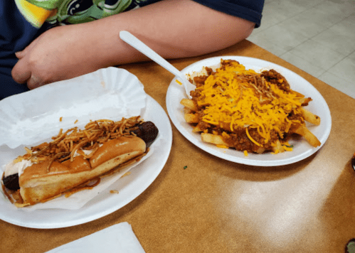A hot dog with toppings and a plate of chili cheese fries with shredded cheese, on a table.