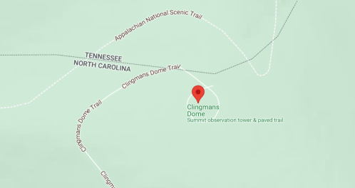 Map showing Clingmans Dome location in Tennessee and North Carolina, with trails and observation tower marked.