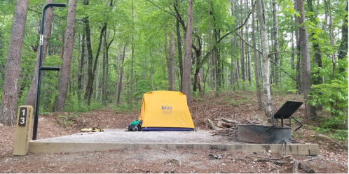 A yellow tent set up on a gravel campsite surrounded by trees, with a fire pit and picnic table nearby.