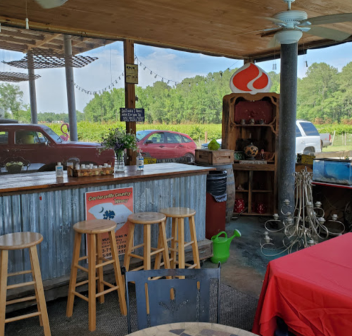 A rustic outdoor dining area with wooden stools, a bar, and a view of greenery and parked cars in the background.