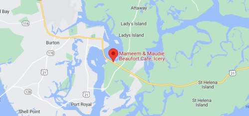 Map showing the location of Mameem & Maudie Beaufort Cafe, near Lady's Island and St. Helena Island in South Carolina.