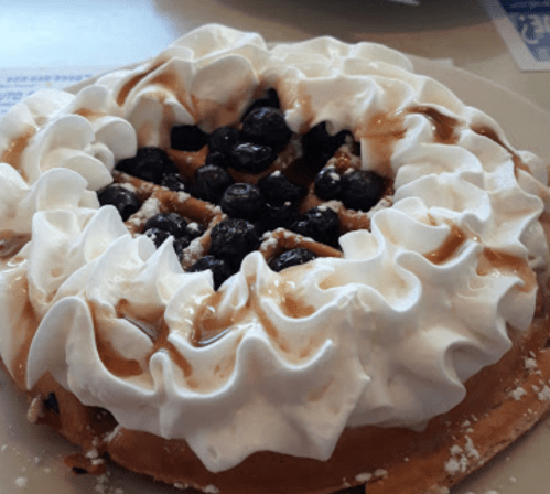 A round waffle topped with whipped cream, chocolate drizzle, and dark berries.