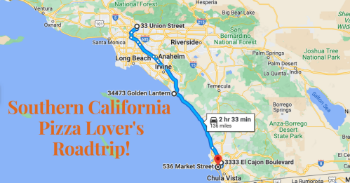 Map showing a road trip route in Southern California for pizza lovers, highlighting key locations and distances.