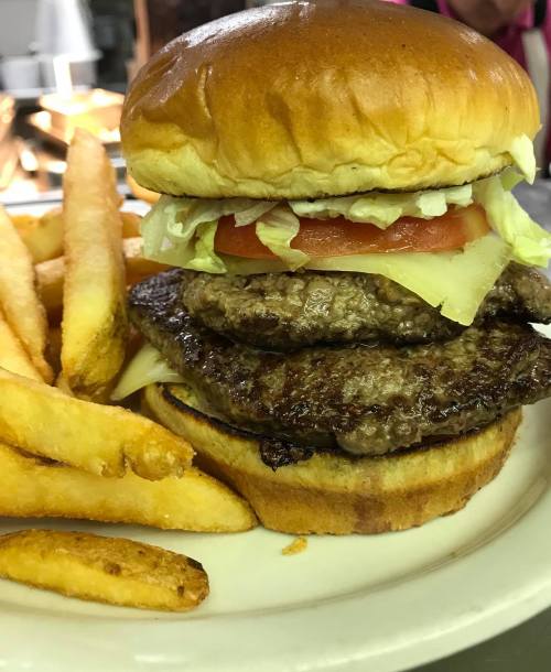 A stacked burger with two patties, lettuce, tomato, and cheese, served with golden fries on a plate.