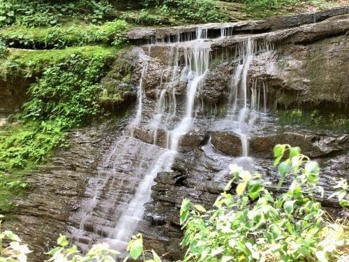 A serene waterfall cascading over moss-covered rocks, surrounded by lush greenery.