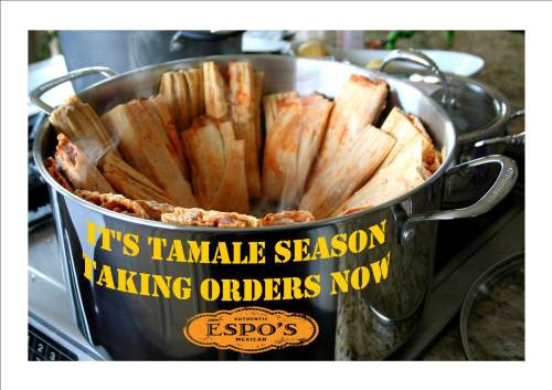 A large pot filled with tamales, with text overlay: "It's Tamale Season, Taking Orders Now - Espo's Authentic Mexican."