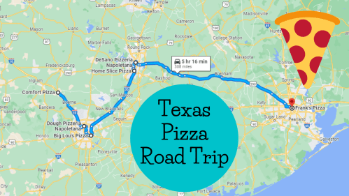 Map showing a Texas pizza road trip route with stops at various pizzerias, highlighted by a pizza icon.