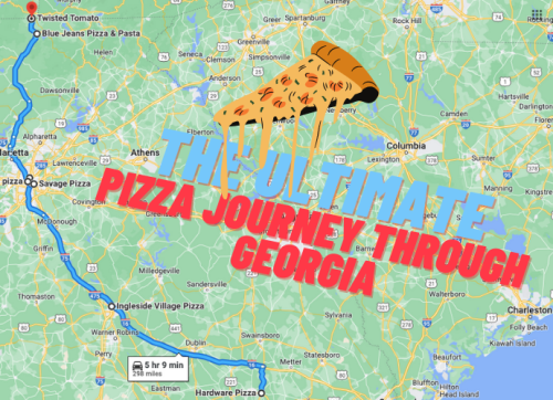 Map of Georgia featuring a pizza graphic and the text "The Ultimate Pizza Journey Through Georgia."
