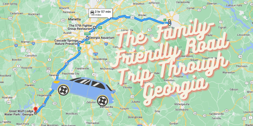 Map showing a family-friendly road trip route through Georgia, featuring a car icon and destinations like Great Wolf Lodge.